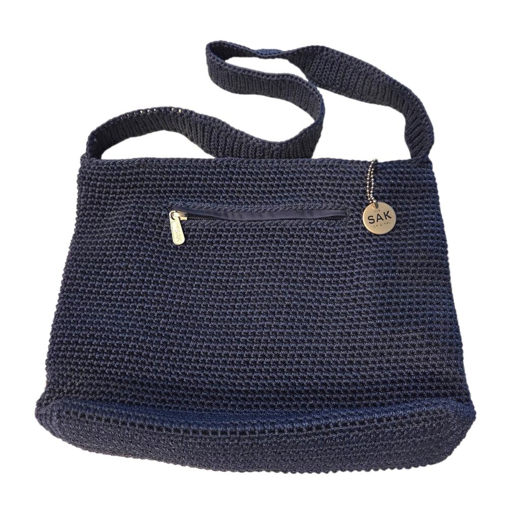 The Sak Navy Blue Crochet Shoulder Bag Boho Festival Retro 9"x12" Striped Lining